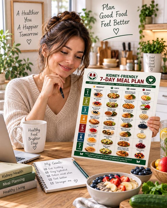 7 Day Meal Plan, Kidney Friendly , Renal Diet Meal Planner, CKD Food Guide, Low Sodium Weekly Menu, Kidney Diet Printable PDF