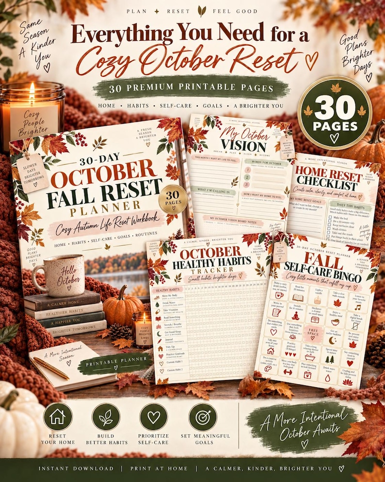Autumn Reset Workbook Printable, 30 Page October Planner, Fall Home Organization Self Care Habit Tracker Goal Setting PDF — original Etsy mockup 11