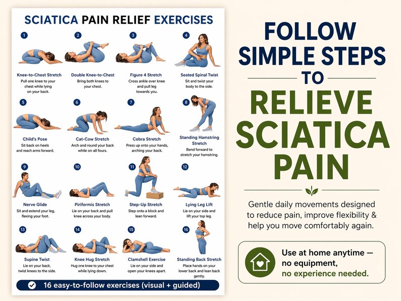 Sciatica Pain Relief Exercises – 16-step Stretching Guide (PDF Download ...