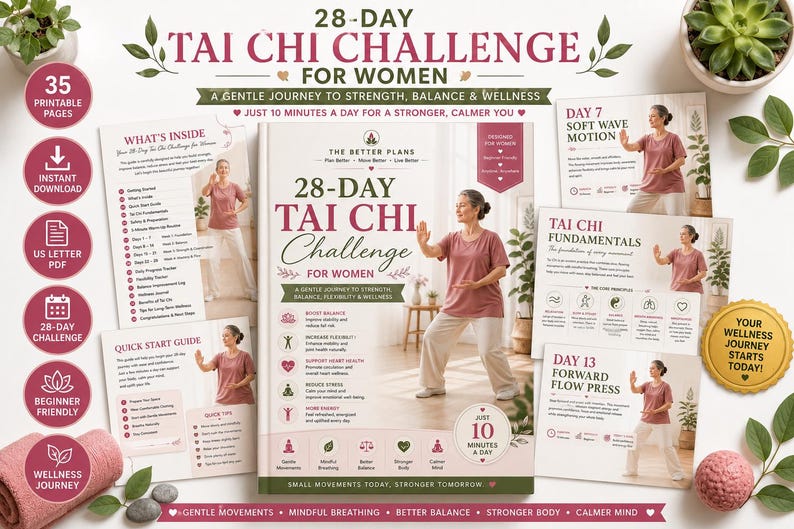 28 Day Tai Chi Challenge for Women ,Exercise Workbook for Seniors, Printable PDF, Gentle Movement and Progress Tracker — original Etsy mockup 12