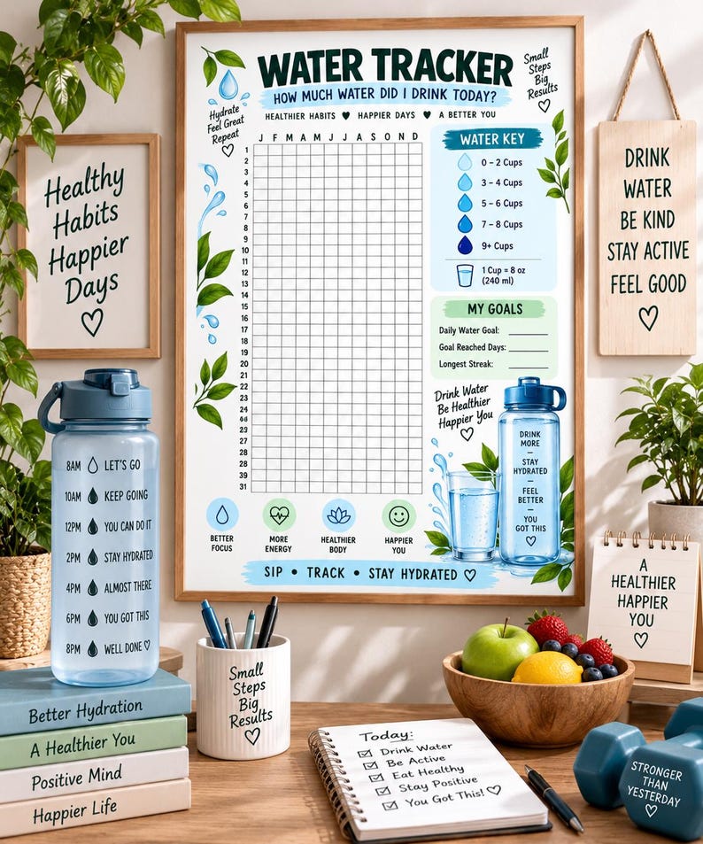 Daily Water Intake Tracker Printable, Hydration Log, Healthy Habit Planner, Water Drinking Challenge, Wellness Journal, Instant Download — original Etsy mockup 2