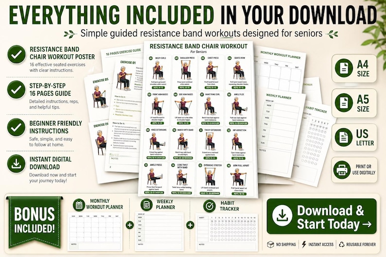 Senior Resistance Band Exercise Chart |Senior Workout Routine Printable | Resistance Band Exercises for Seniors | Fitness Poster PDF — original Etsy mockup 5