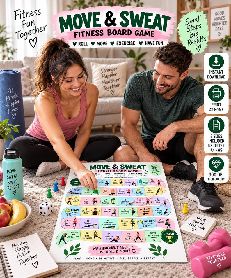 Kids Exercise Game Printable, PE Fitness Activity, Movement Board Game, Classroom Brain Break, Homeschool PE Game, Indoor Activity PDF — original Etsy mockup 3