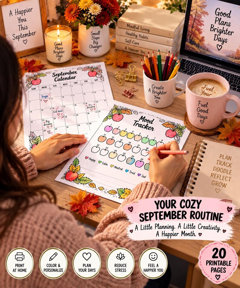 September Bullet Journal Printable, Fall Planner Bundle, Mood Habit Sleep Tracker, September Calendar, Self Care Journal PDF - BuJo — original Etsy mockup 8