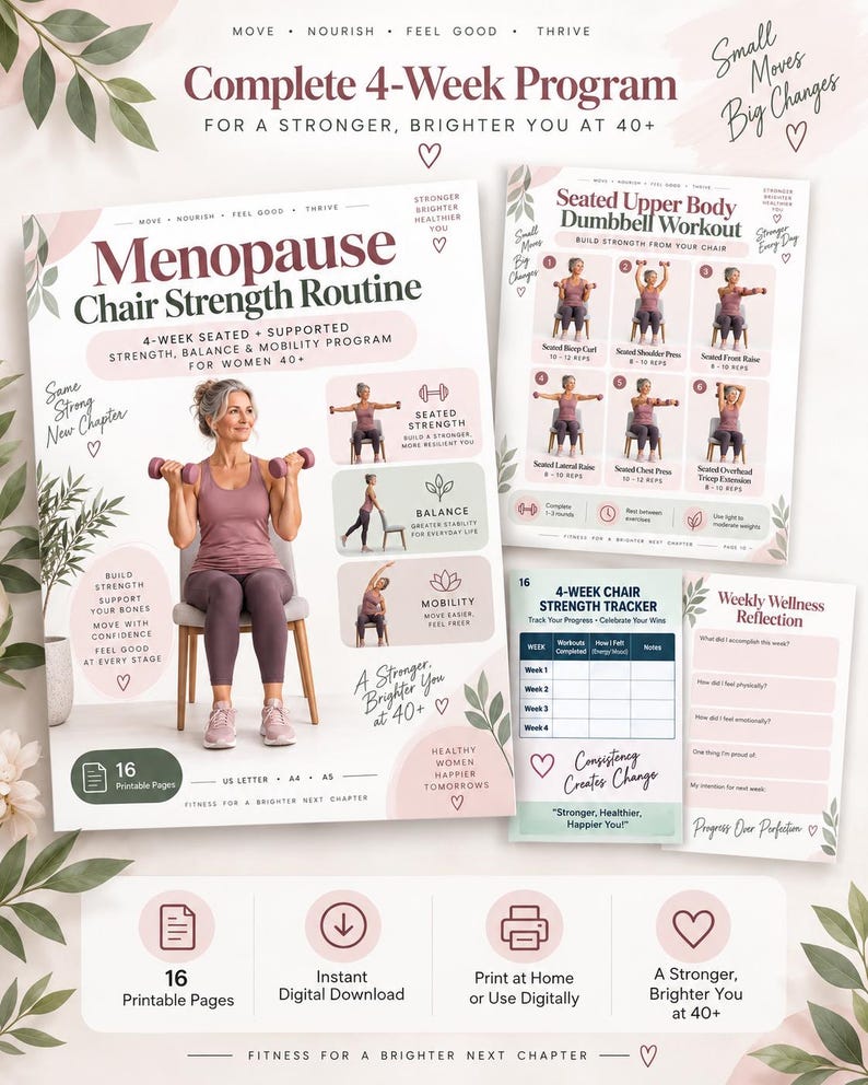 Menopause Chair Strength Routine, 4-Week Seated Workout for Women 40+, Balance & Mobility Printable — original Etsy mockup 2
