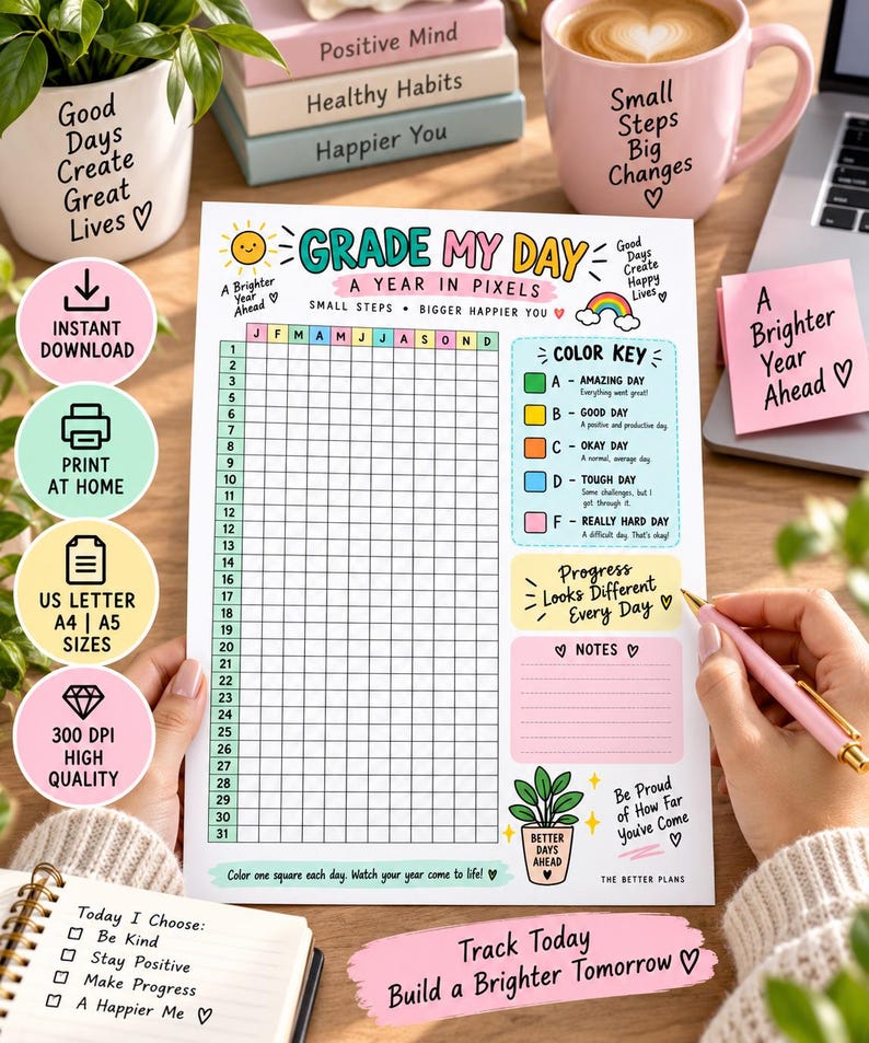 Daily Rating Tracker Printable, Grade Your Day Journal, Yearly Pixel Tracker, Habit & Mood Log, Self Care Planner, A4 A5 Letter PDF — original Etsy mockup 8