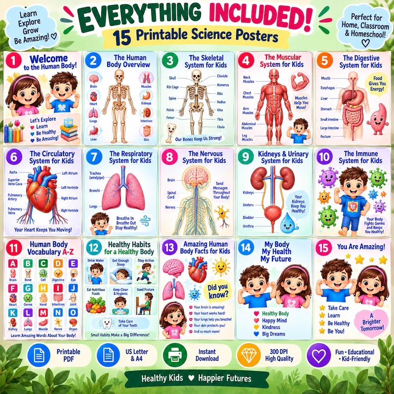 15-Poster Kids Human Body Bundle, Anatomy Systems, Science Classroom Decor (Digital Download) — original Etsy mockup 13