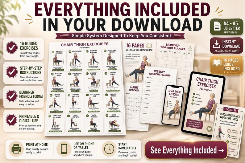 Chair Thigh Exercises for Women Printable | Seated Leg Workout Chart — original Etsy mockup 4