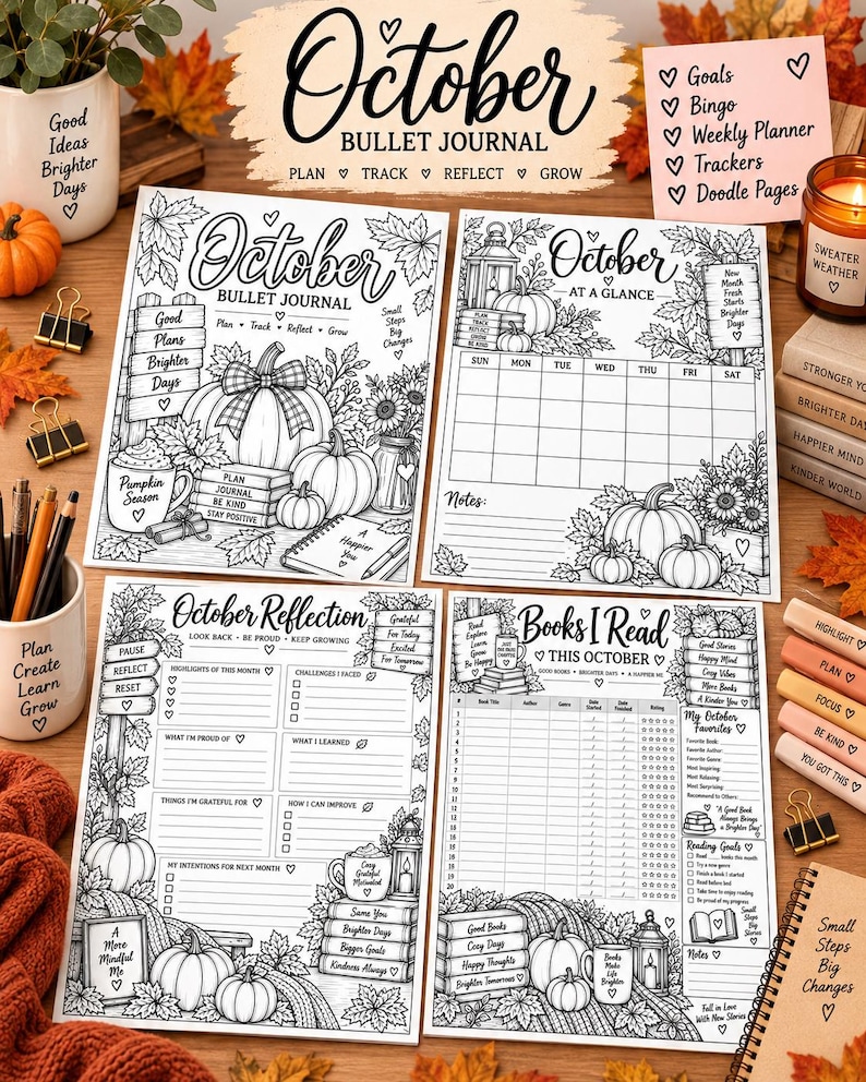 October Planner Printable, Pumpkin Bullet Journal, Black White Coloring Planner, Habit Mood Sleep Tracker PDF — original Etsy mockup 9