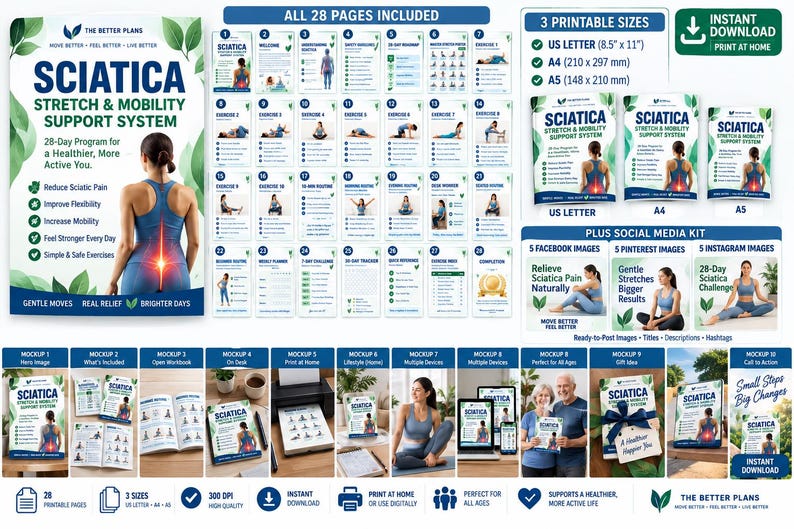 Sciatica Exercises Printable Bundle, Gentle Lower Back Stretches, Nerve Glides & Daily Mobility Routines — original Etsy mockup 6