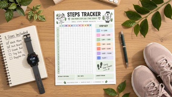 Daily Step Tracker Printable, Walking Challenge Planner, 10K Steps Tracker, Fitness Progress Log, Year in Pixels, Wellness PDF