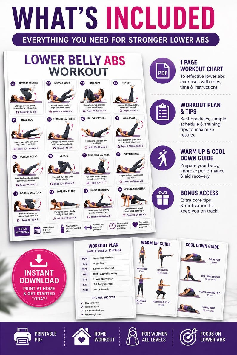 Lower Belly Abs Workout Printable | Core Floor Exercise Chart — original Etsy mockup 4