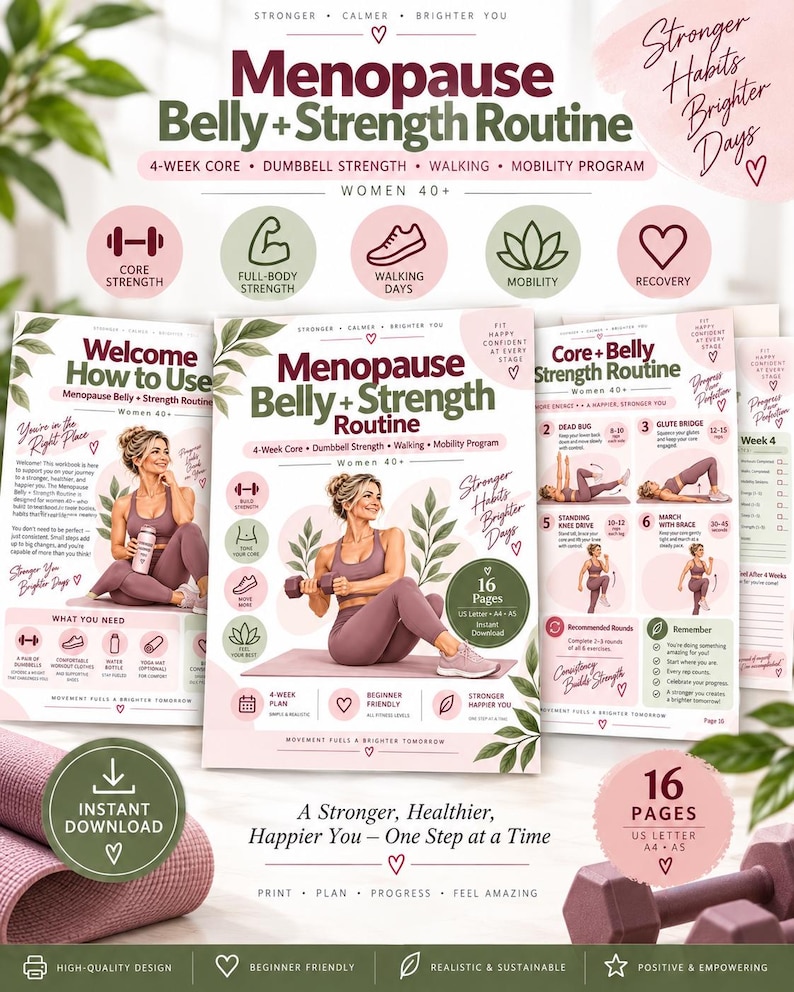 Women 40+ Strength Workout Plan, Menopause Core & Dumbbell Routine, 4-Week Walking Fitness Printable — original Etsy mockup 9
