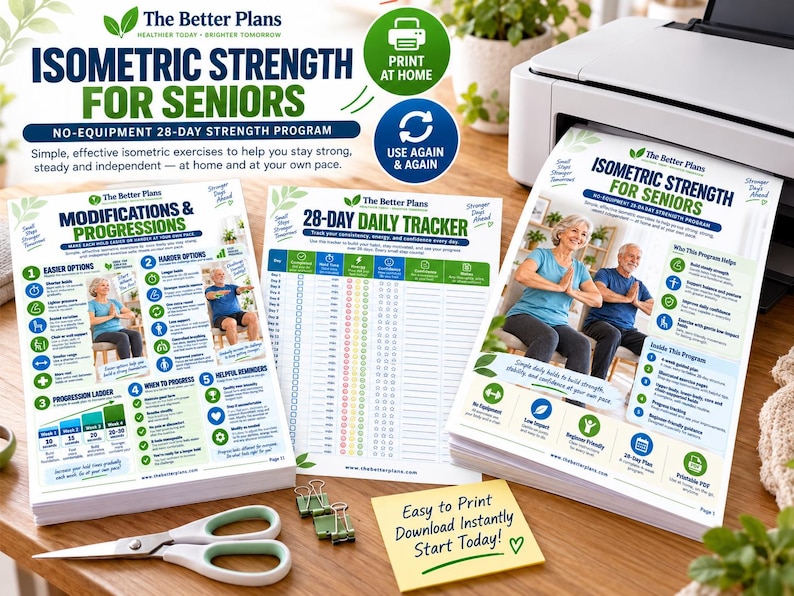 Senior Strength Workout Printable PDF, Isometric Exercises for Seniors, 4 Week Low Impact Home Program with Tracker — original Etsy mockup 5