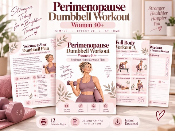 Perimenopause Dumbbell Workout for Women 40+, Beginner Home Strength Plan Printable