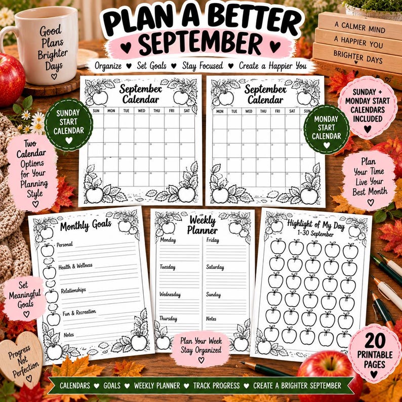 September Bullet Journal Printable, Fall Planner Bundle, Mood Habit Sleep Tracker, September Calendar, Self Care Journal PDF - BuJo — original Etsy mockup 4