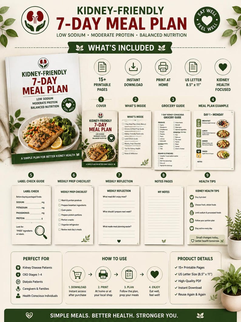 Kidney Friendly 7 Day Meal Plan Printable, Renal Diet Plan PDF, CKD Meal Planner, Low Sodium Weekly Menu, Kidney Disease Diet Chart — original Etsy mockup 4
