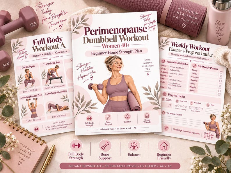 Menopause Strength Training Printable, Beginner Dumbbell Home Workout for Women 40+ — original Etsy mockup 7