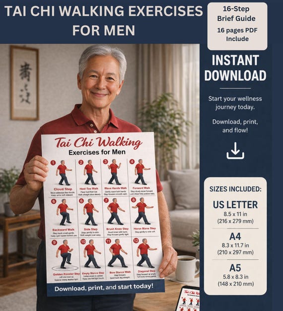 Tai Chi Walking Workout Chart for Men, Seniors Balance Exercise (PDF Download)
