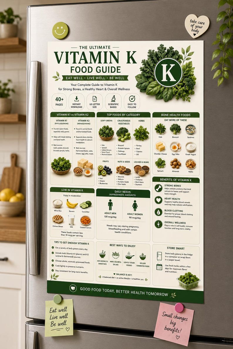 Vitamin K Food Chart & Nutrition Guide | Bone Health, K1 vs K2 (PDF) — original Etsy mockup 5