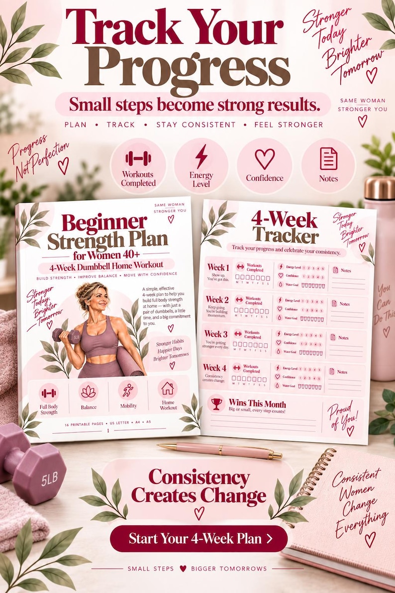 4 Week Dumbbell Workout for Women 40+, Beginner Home Strength Training PDF — original Etsy mockup 10