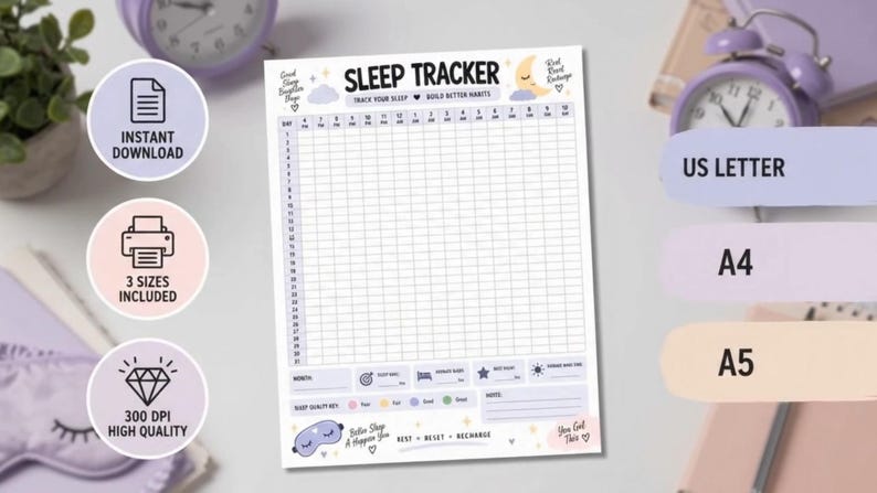 Sleep Journal Printable, Monthly Habit Tracker, Sleep Schedule Log, Bedtime Routine Planner, Sleep Quality Tracker, Wellness Journal PDF — original Etsy mockup 7