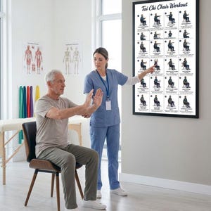 May include: A framed poster titled "Tai Chi Chair Workout" displays illustrated exercises. A healthcare professional points to the poster while assisting a seated person with arm movements. The room has medical charts and exercise bands.