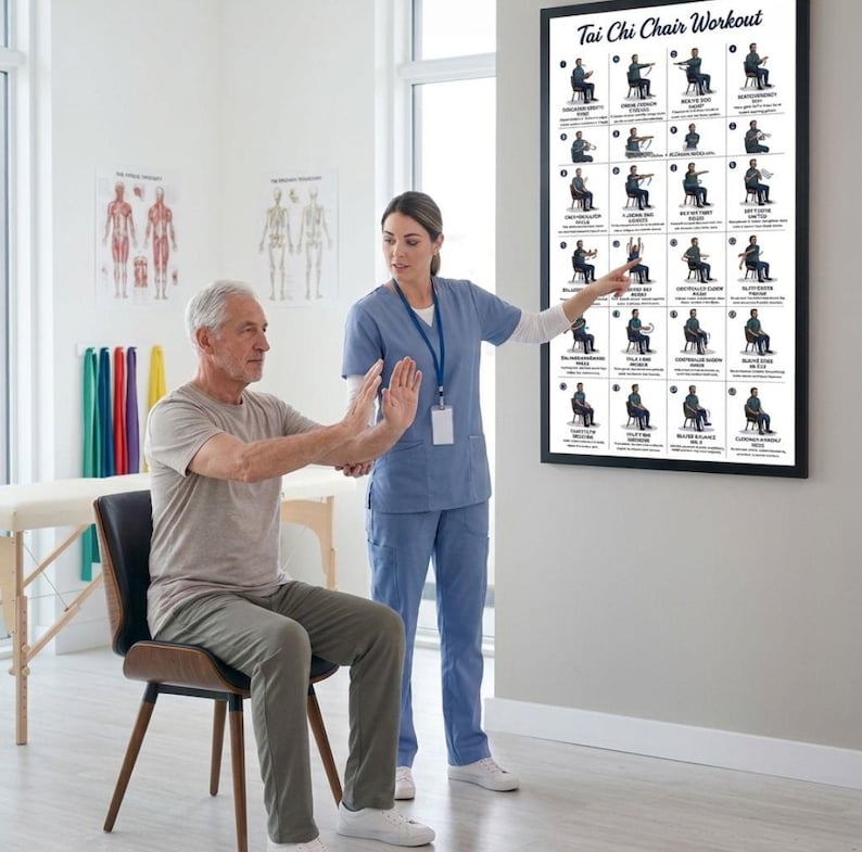 May include: A framed poster titled "Tai Chi Chair Workout" displays illustrated exercises. A healthcare professional points to the poster while assisting a seated person with arm movements. The room has medical charts and exercise bands.