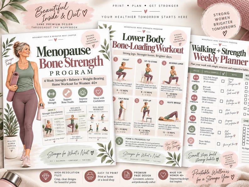 Menopause Bone Strength Program, 4-Week Strength & Balance Workout for Women 40+, Printable Home Fitness PDF — original Etsy mockup 9