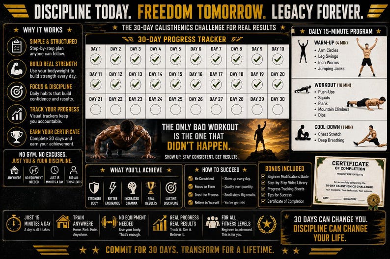 30-Day Military Calisthenics Challenge Printable | No-Equipment Bodyweight Plan — original Etsy mockup 11