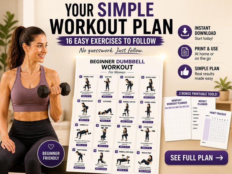 Beginner Dumbbell Workout for Women Printable | Full-Body Strength Chart — original Etsy mockup 6