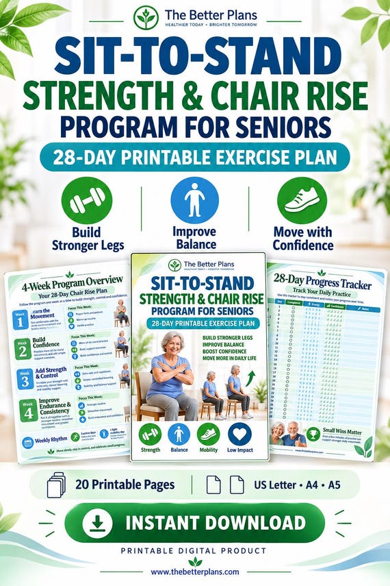 Chair Rise Strength Program for Seniors | Sit to Stand Exercise Plan, 28-Day Printable PDF