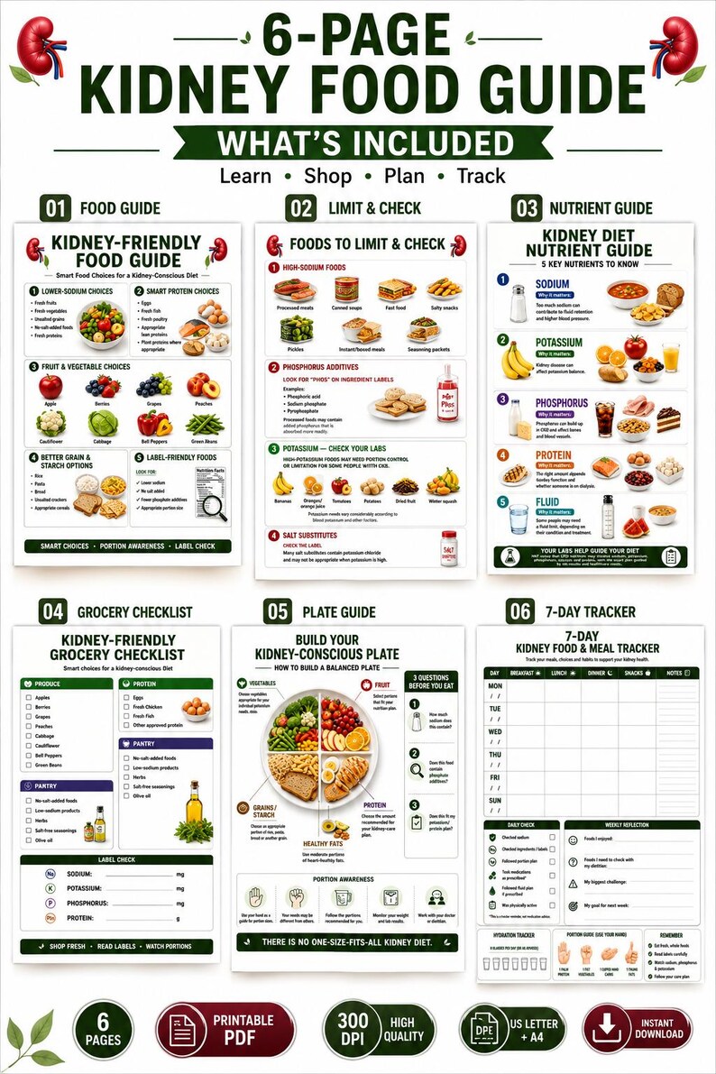 Kidney Friendly Food Guide, CKD Diet Printable, Renal Diet Grocery Checklist (PDF) — original Etsy mockup 3