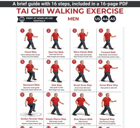 Tai Chi Walking Workout for Men Printable, Senior Balance & Mobility Exercise Chart, Gentle Fitness Routine PDF