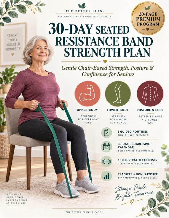 Senior Chair Resistance Band Workout, 30-Day Seated Exercise Printable, Low Impact Strength and Mobility Plan