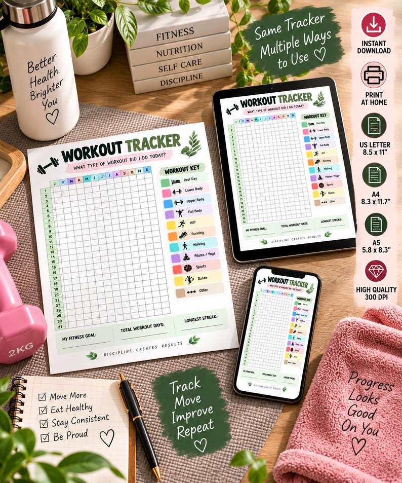 Workout Tracker Printable, Year in Pixels Fitness Tracker, Exercise Log, Workout Planner, Gym Tracker, Fitness Journal, Instant Download — original Etsy mockup 6