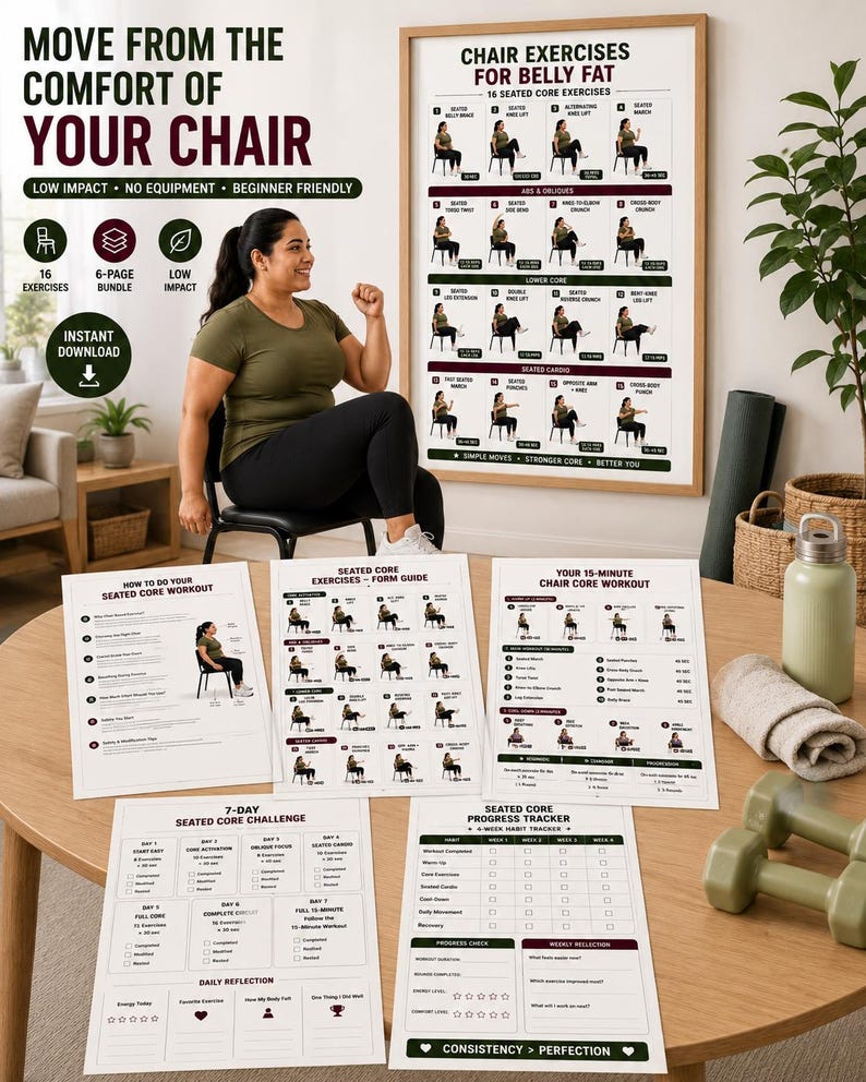 Chair Exercises for Belly Fat | 16 Seated Core Exercises to Strengthen Abs & Support Fat Loss | Printable Low Impact Workout Poster PDF — original Etsy mockup 4