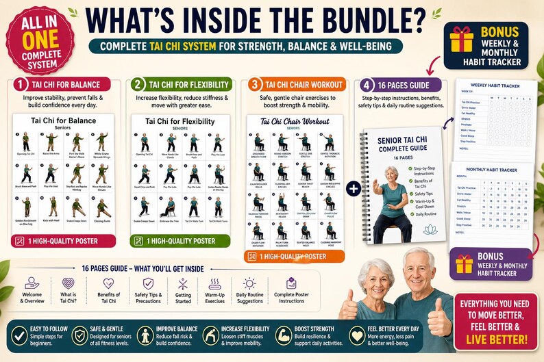Senior Tai Chi Exercise Bundle, Balance, Flexibility, Chair Workout (PDF) — original Etsy mockup 3