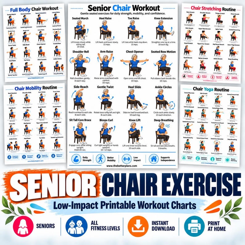 Chair Exercise Bundle for Seniors, 20 Seated Workout Posters + 8 Printable Trackers — original Etsy mockup 3