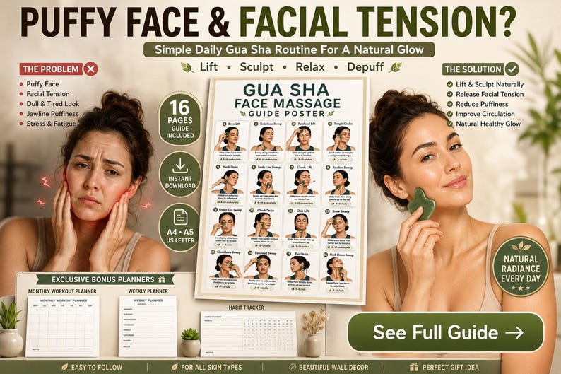 Gua Sha Face Massage Chart Printable, Facial Lymphatic Drainage Routine Poster, Skincare Self Massage Jawline Guide For Women, Gua Sha — original Etsy mockup 2