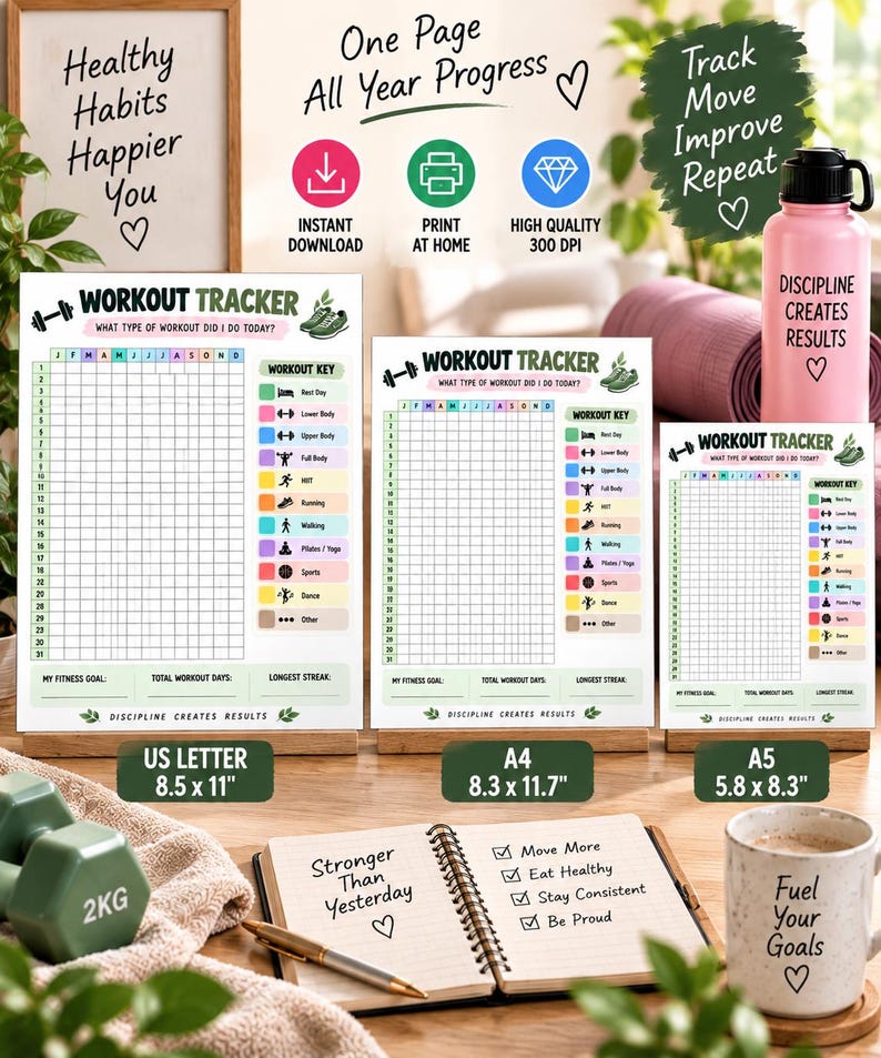 Workout Tracker Printable, Year in Pixels Fitness Tracker, Exercise Log, Workout Planner, Gym Tracker, Fitness Journal, Instant Download — original Etsy mockup 3