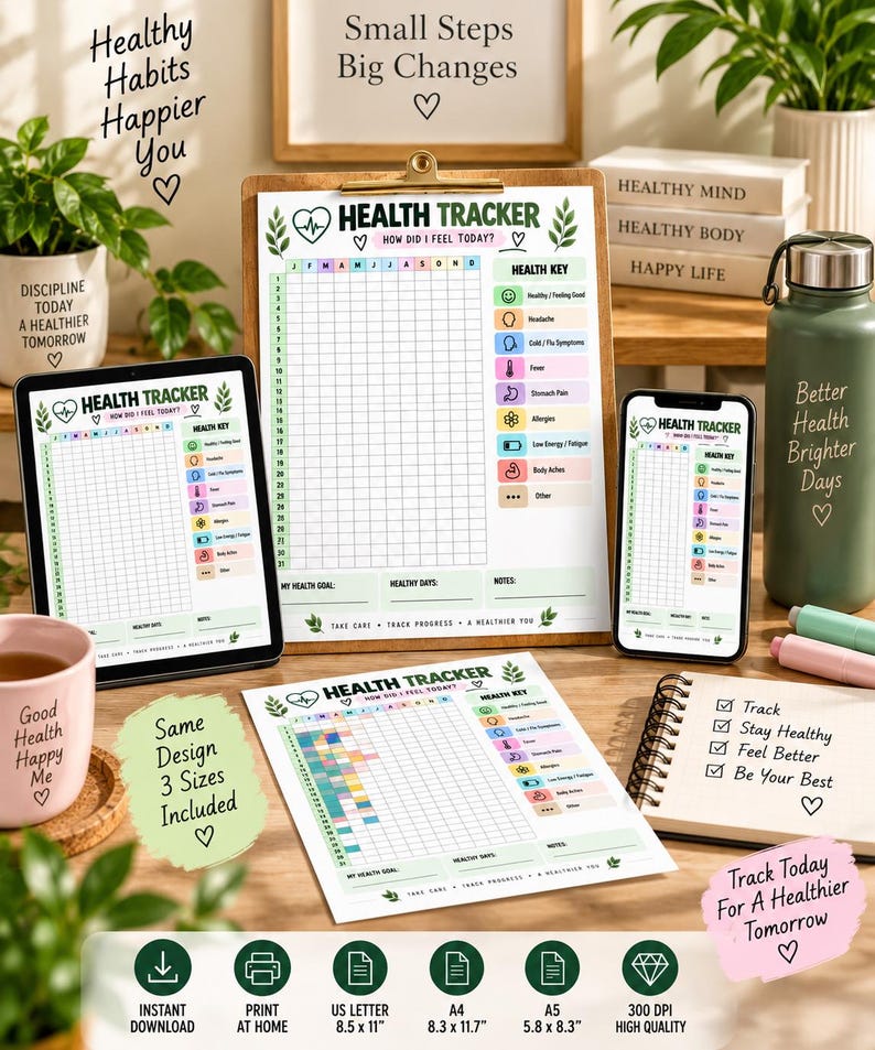 Health Tracker Printable, Year in Pixels Wellness Tracker, Symptom Tracker, Daily Health Log, Self Care Planner, Instant Download — original Etsy mockup 5