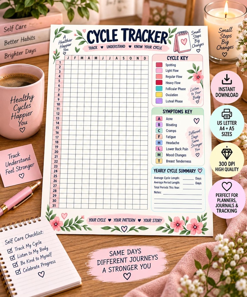 Cycle Tracker Printable, Period Tracker, Menstrual Cycle Calendar, Yearly Period Log, Ovulation & Symptom Tracker, Women Planner PDF — original Etsy mockup 2