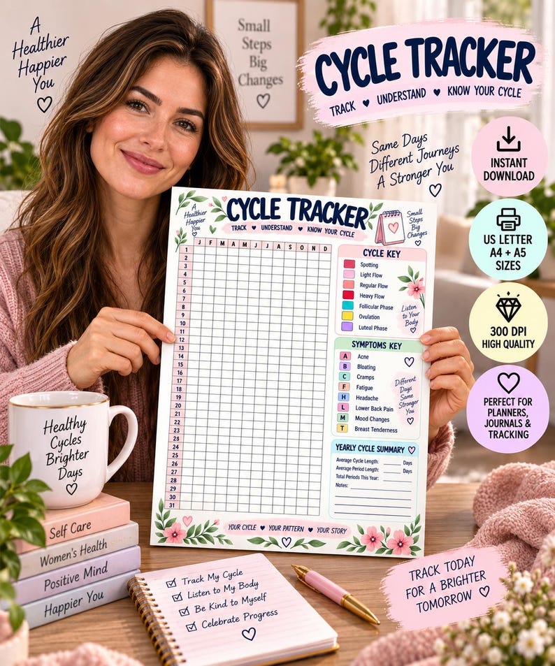 Cycle Tracker Printable, Period Tracker, Menstrual Cycle Calendar, Yearly Period Log, Ovulation & Symptom Tracker, Women Planner PDF — original Etsy mockup 3