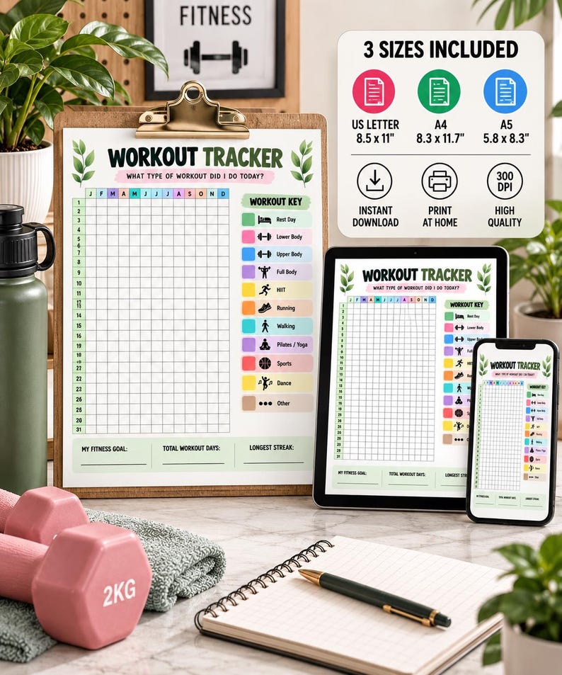 Workout Tracker Printable, Year in Pixels Fitness Tracker, Exercise Log, Workout Planner, Gym Tracker, Fitness Journal, Instant Download — original Etsy mockup 4