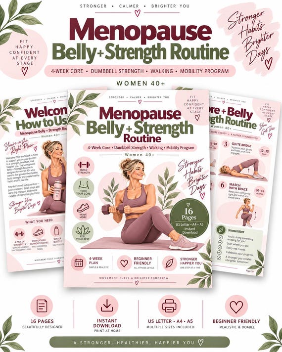 Menopause Belly Strength Routine, 4-Week Core Dumbbell Workout for Women 40+, Walking & Mobility Printable PDF