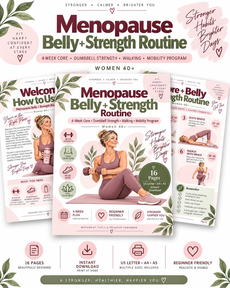 Women 40+ Strength Workout Plan, Menopause Core & Dumbbell Routine, 4-Week Walking Fitness Printable — original Etsy mockup 2