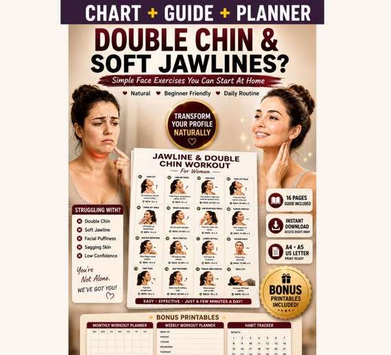 Jawline & Double Chin Exercises Printable | Face Yoga Neck Workout Chart