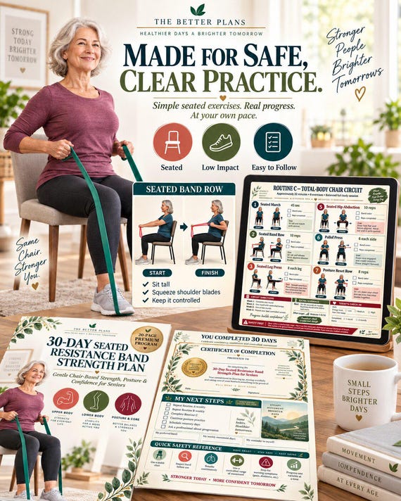 Resistance Band Workout for Older Adults, Printable Seated Fitness Bundle, Chair Exercises, Calendar, Tracker and Poster