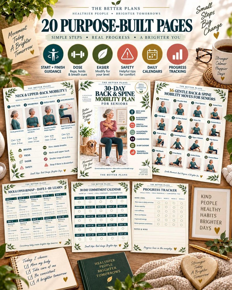 30-Day Back Mobility Plan for Seniors, Gentle Spine Exercise Printable, Seated Routines, Calendar and Tracker — original Etsy mockup 2